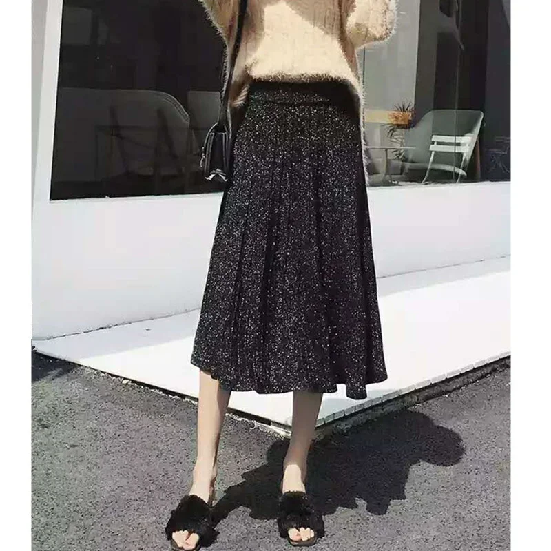 Korean Fashion Shining Pleated Skirts High Waist Long Knit Warmth Skirt Midi Length Clause Solid Color Skirt Women Winter Autumn