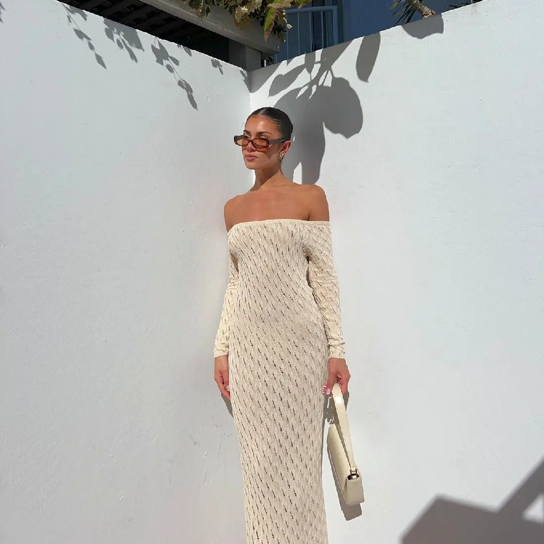 Knit Off-Shoulder Maxi Dress - Patchwork Fashion Hollow Out Knitwear Dress