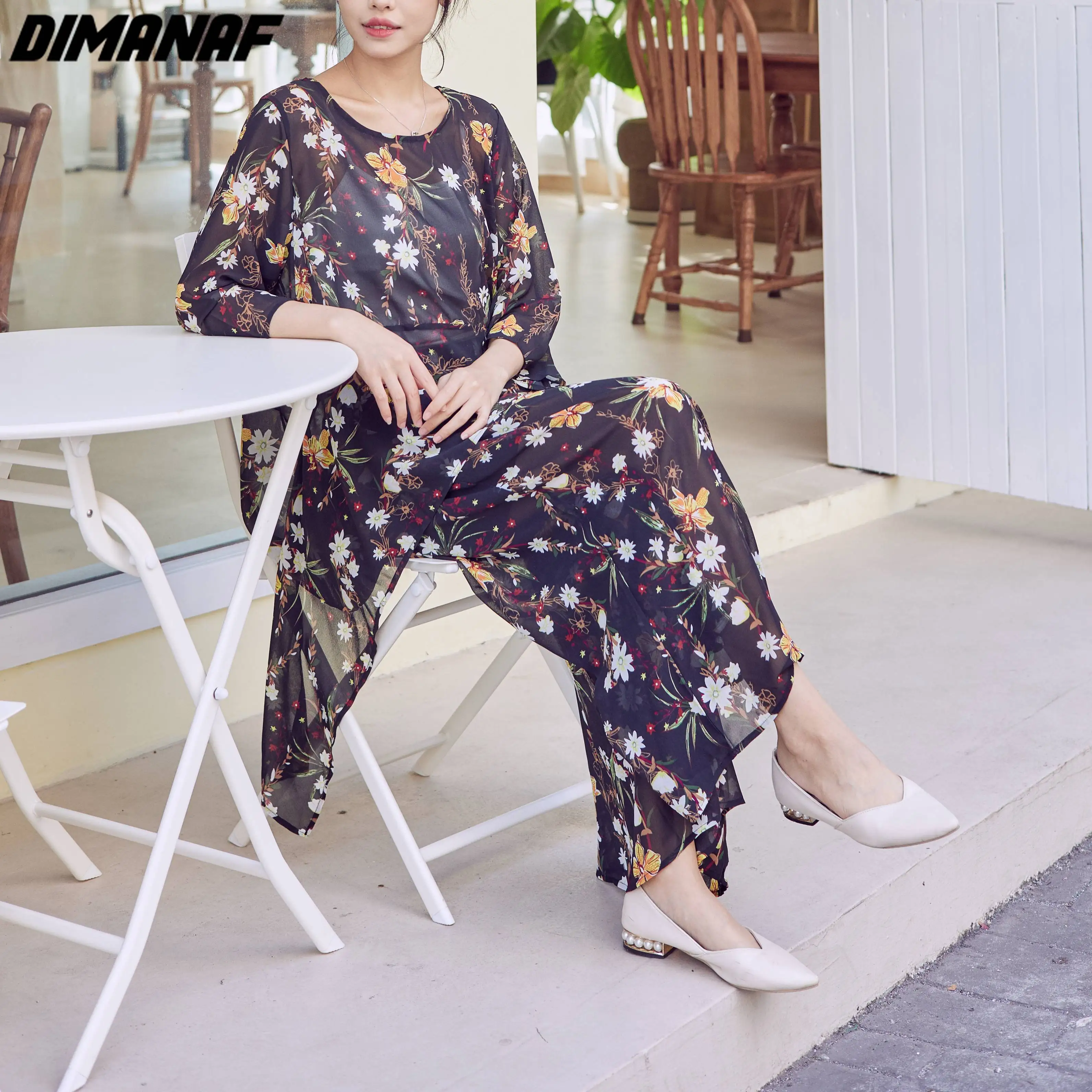 DIMANAF 2024 Summer Plus Size Two Piece Set Suit Women Chiffon Vinatge Print Elegant Lady Tops  Loose Pants Female Suit Summer