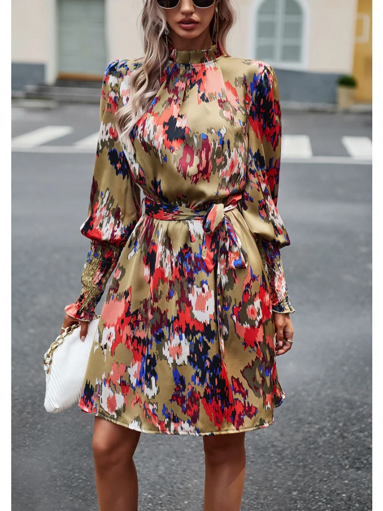 

Women Autumn Print Floral Short Mini Dress Elegant Casual Fashion Office Lady Bodycon Slim Pullover Long Sleeve Dress New 2023