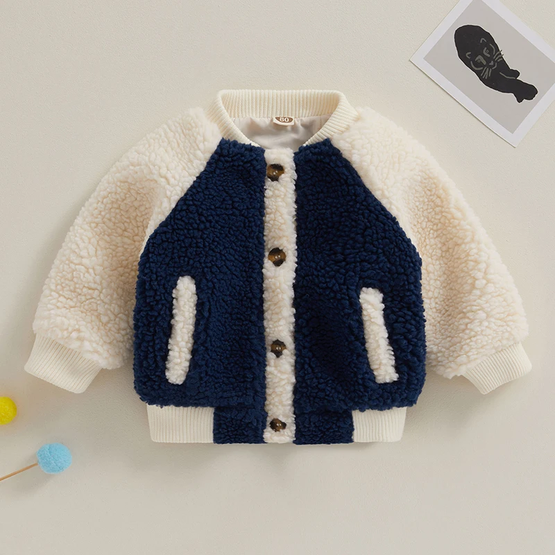 FOCUSNORM 0-4Y Autumn Winter Toddler Baby Boys Fleece Coat Contrast Color Long Sleeve Button Cardigan Jacket Outwear