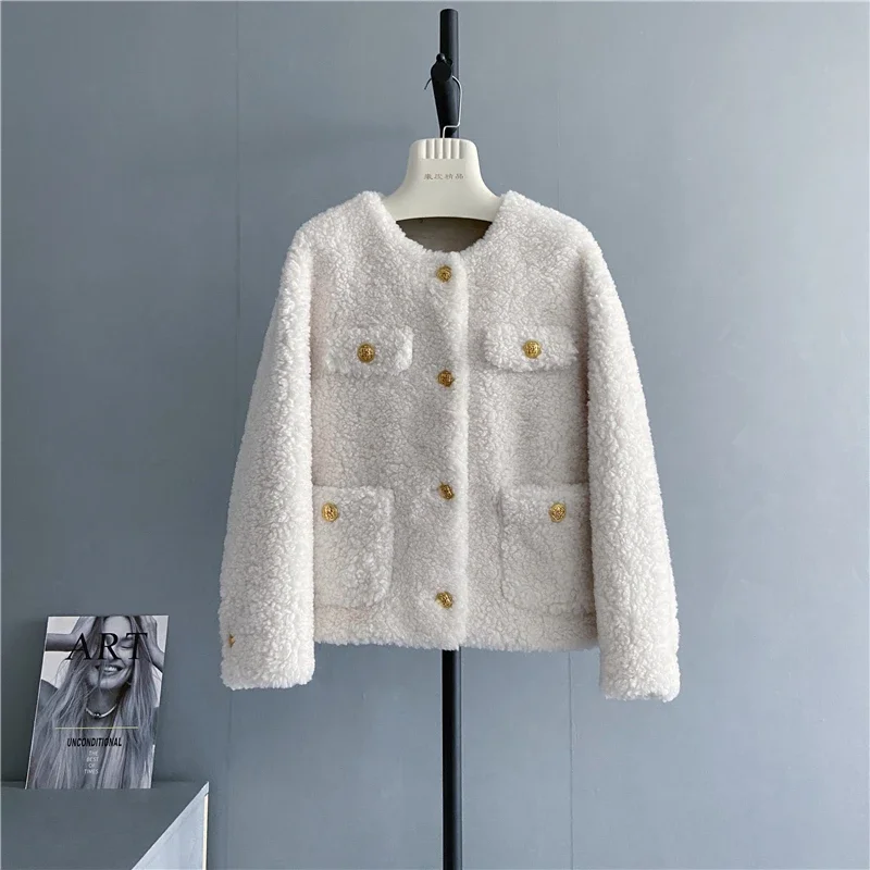 Casaco Preto Feminino 100 Australian Wool Green Pure Cashmere Coat 2023 New Young Ladies Gold Buckle Lamb Fur Jacket for Women