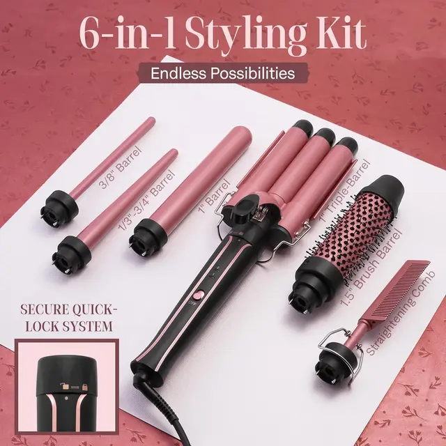 Curling Iron Set 5-in-1 Hair Curler with 3 Barrel Hair Crimper, Hair Straightener - Waver Heating Styling Tools for Women 6