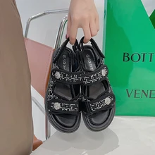 

2022 New Platform Sandals Women Lattice Round Toe Hook Loop Plaid Cloth Summer Casual Ladies Outdoor Shoes Women Flat Sandels PU