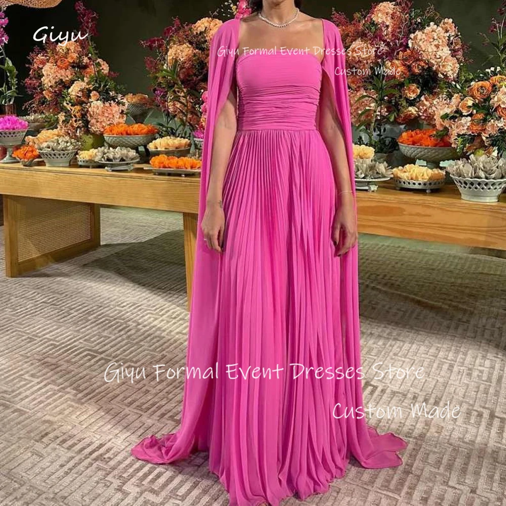 

Giyu Simple Hot Pink Chiffon Evening Dressses Saudi Arabic Women Strapless Long Cape Sleeves Prom Gowns FOrmal Occasion Party