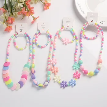 2pcs/set Candy Color Beads Cute Flower Rainbow Necklace Bracelet Sets for Kids Party Jewelry Girl Birthday Gift 1