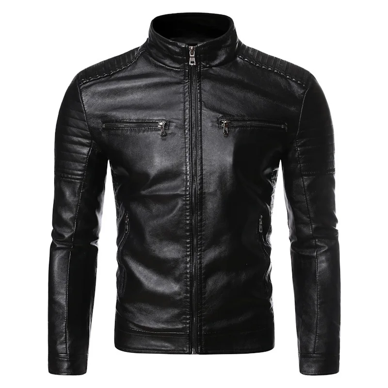 Men's Leather Jacket Spring and Autumn Season Thin Standing Collar Stripe Double Zipper PU Leather Jacket Motorcycle
