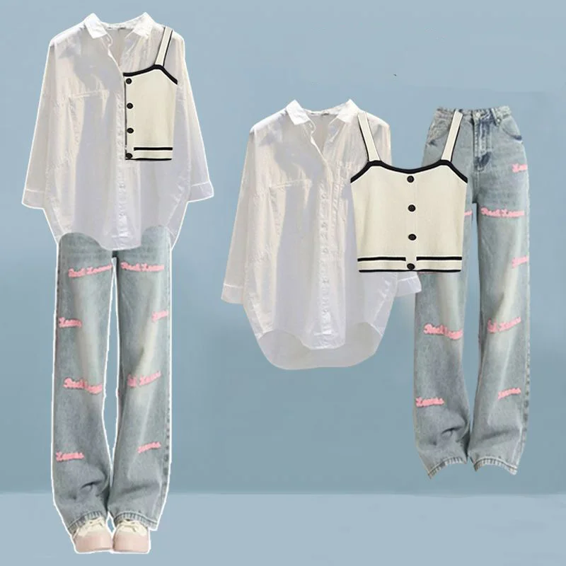 Spliced Suspender Vest Sunscreen Chiffon Shirt Blouse Jeans Three Piece Set of Elegant Women's Pants Casual Outfits Clothing