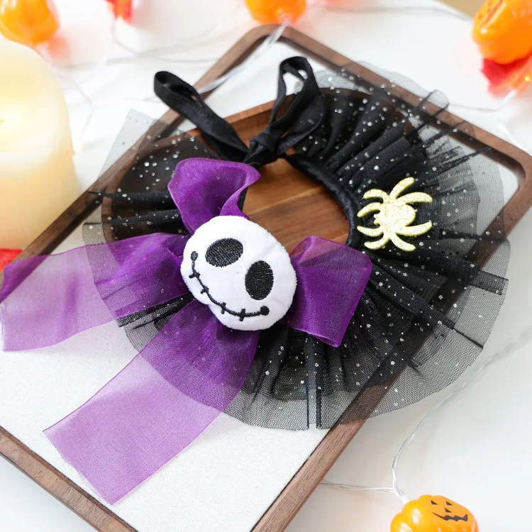 Kleine Hundehalsbänder Haustier Schal Halsband Zubehör Halskette Sabbern Lätzchen Hund Katze Halloween Spitze Zauberer Kürbis Gaze Schal Haustierbedarf – Detail 8