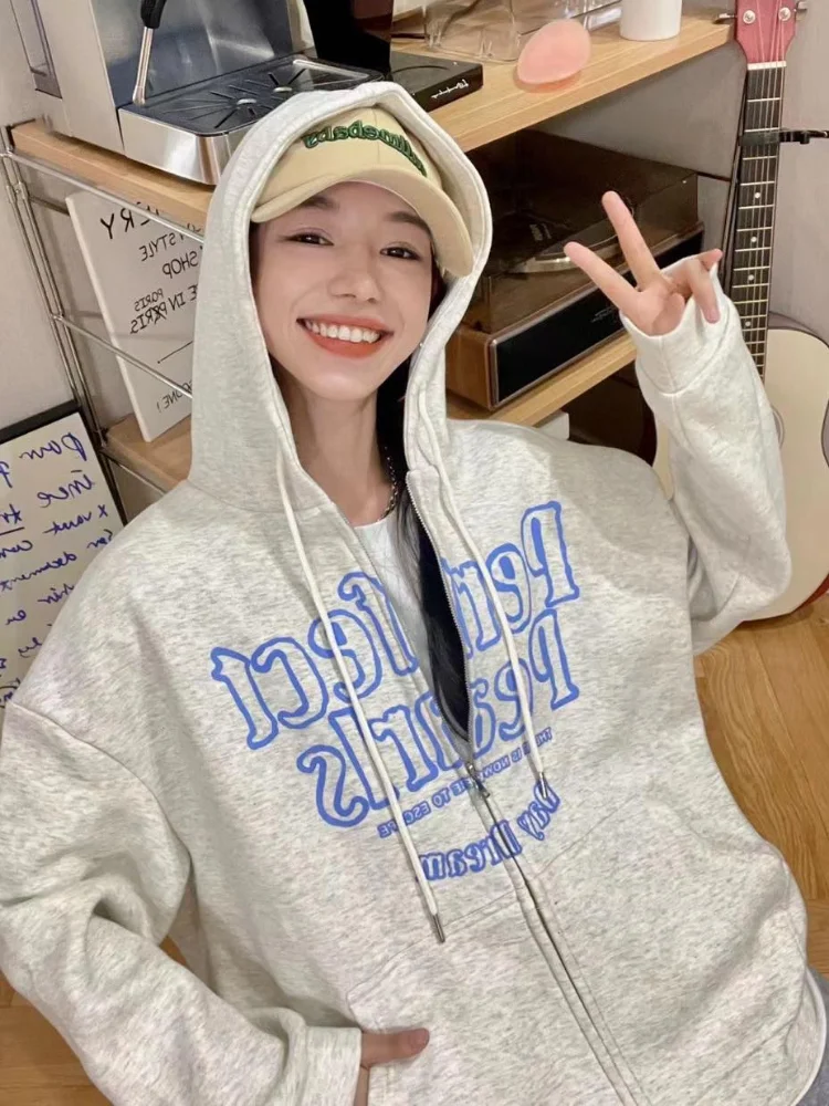 

Deeptown Korean Streetwear Zip Up Hoodies Women Harajuku Letter Printed Casual Hooded Sweatshirts Kpop Loose Gray Tops Female