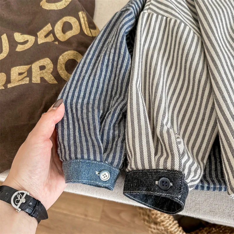 deer jonmi Autumn Baby Boys Striped Denim Shirts Long Sleeve Korean Style Children Casual Tops Coats