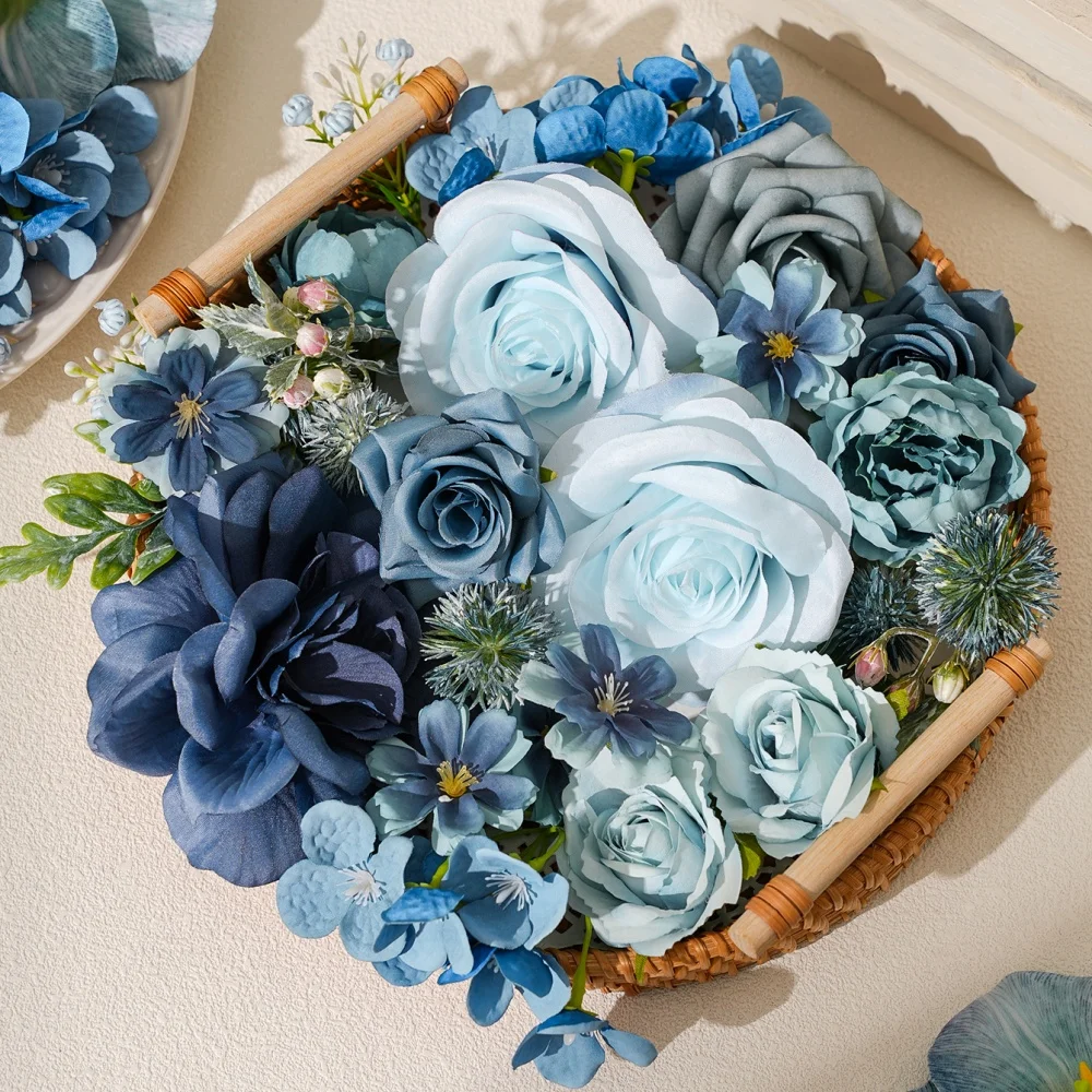 15 Stück/Packung Blaue Künstliche Blumen Seidenrosen Kunstblumen für Hochzeitsdekoration Heim Raumdekoration Girlande Bastelzubehör Geschenke – Detail 4