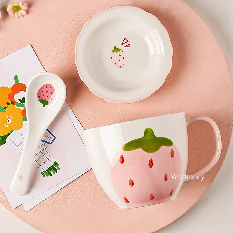 Korean-Style Cute Pink Strawberry Mug with Spoon Lid Large Capacity Ceramic  Bottle Artistic Hipster Pretty Cups for Women