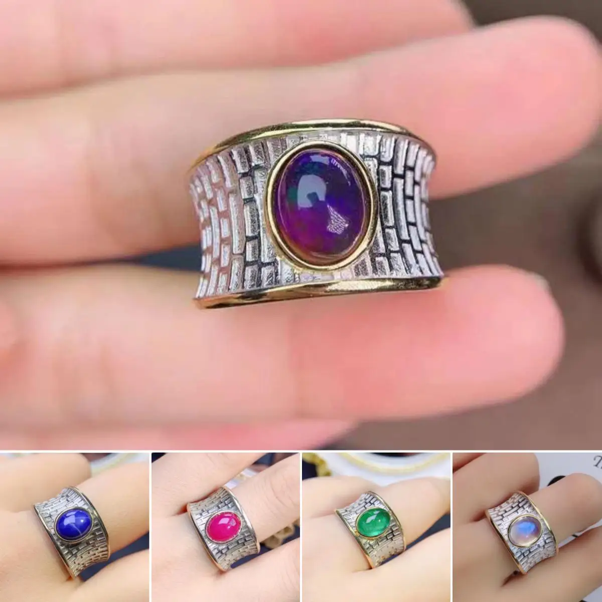 

FS Natural Opal/Sapphire/Emerald Wide Face Ring S925 Pure Silver Fine Fashion Charm Wedding Jewelry for Women MeiBaPJ
