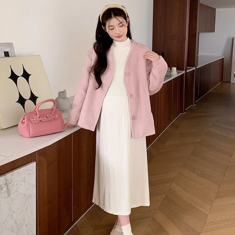 Winter Plus Size Female Woolen Outwear Long Sleeve V-neck Single-breasted Maternity Jacketsr Fashion Pink Pregnant Woman Coats