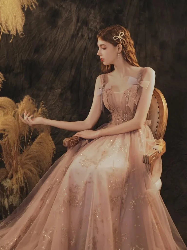 Classic Pink Evening Dresses Long Floral Print Organza Pageant Dress B –  Ballbella