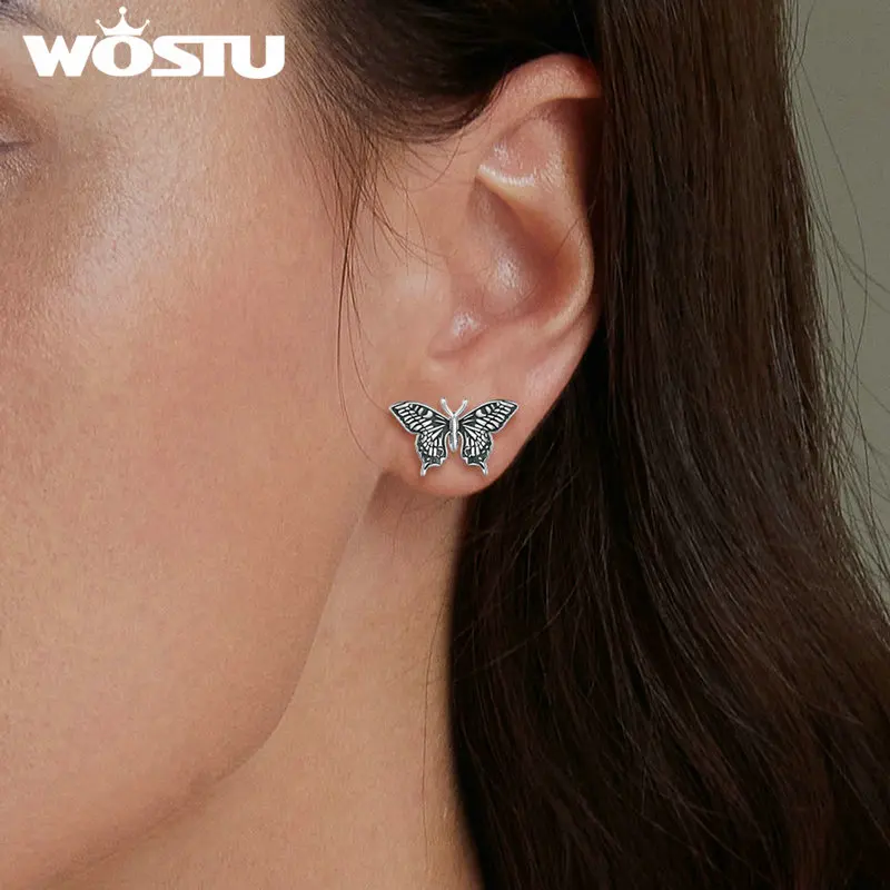 WOSTU 925 Sterling Silver Butterfly Earrings Open Ring Set Oxidized Silver for Women Girl Party Gift Vintage Adjustable Jewelry 5