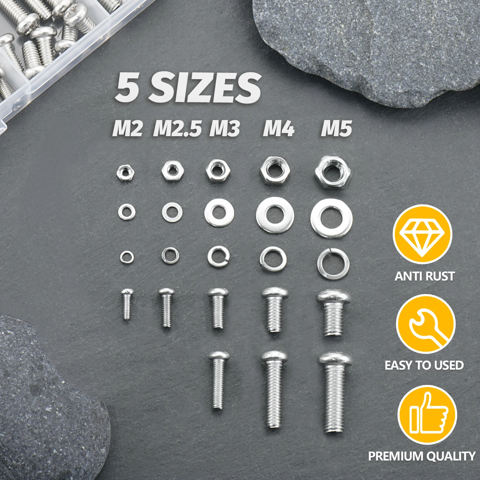 320pcs Screws Nuts Washers Assortment Kit Rustproof Metric Hardware Set M2-M5 for DIY Home Repair Industrial Use