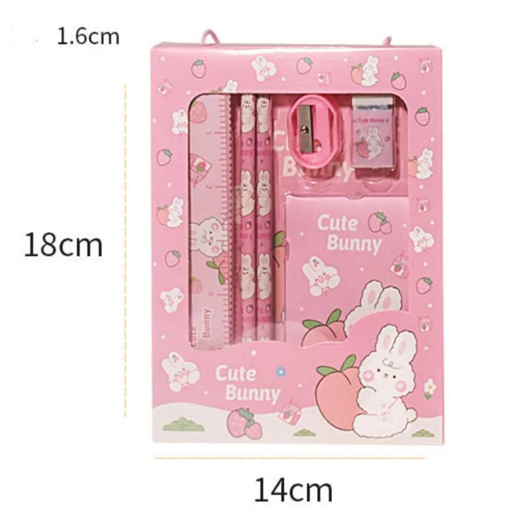 Cartoon Rabbit Pencil Ruler Eraser Sharpener Stationery Set Student School Office Writing Supplies Kindergarten Kids Gift