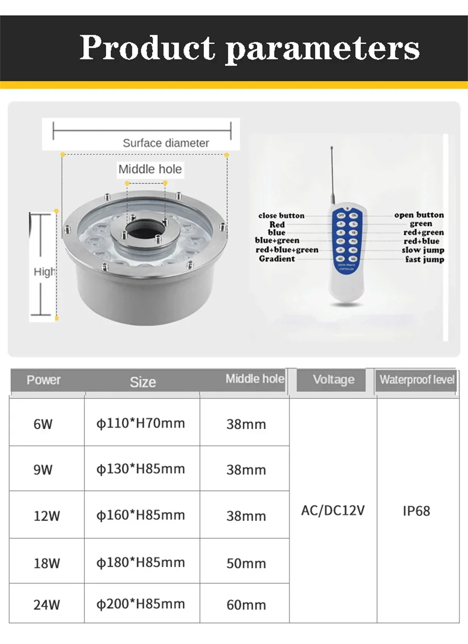 Description Picture 6 of item18W RGB LED Fountain Light IP68Waterproof 12V 6W 9W 15W Floor Waterproof Lamp Hot Spring Light 12W Underwater Light Spill Lamp