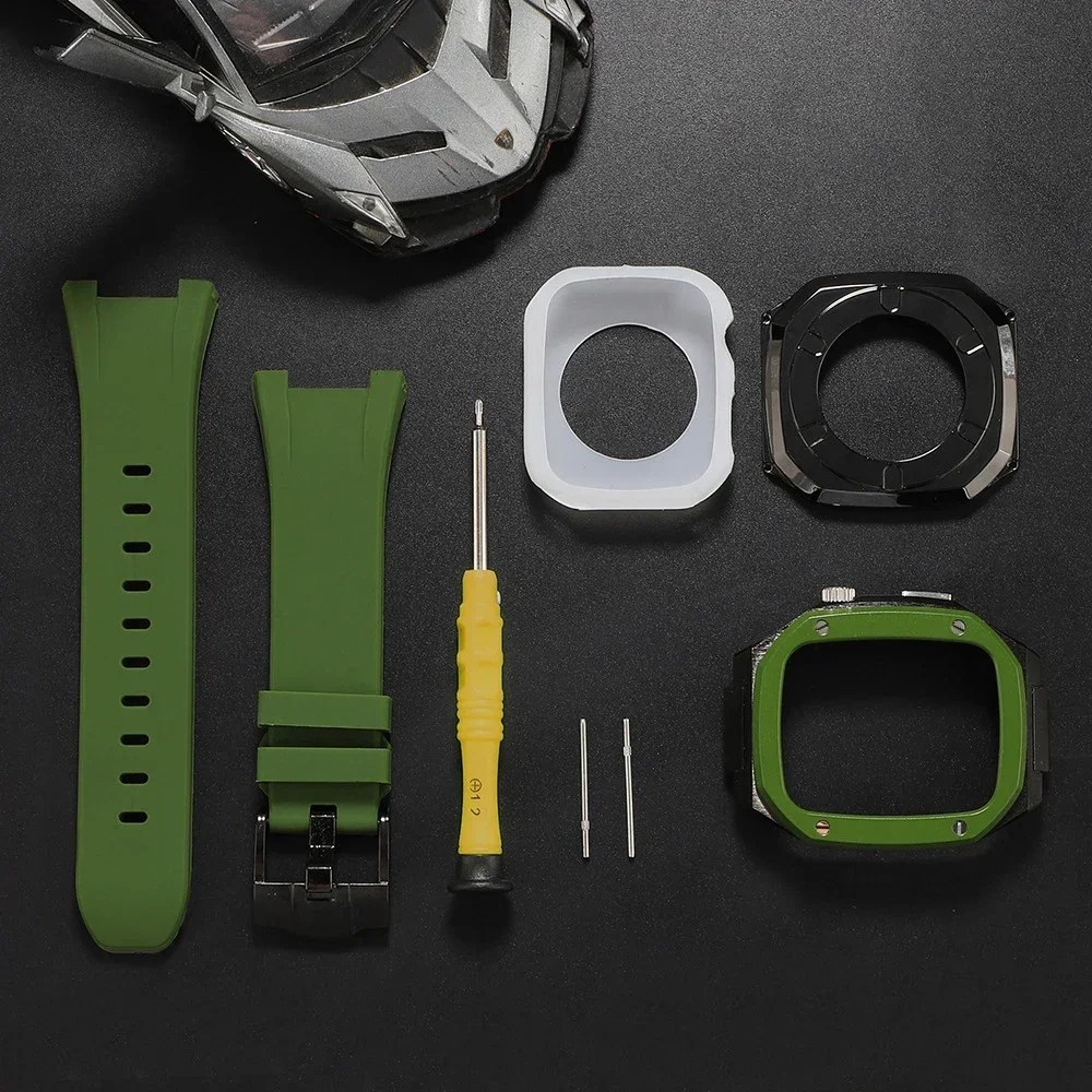 Luksusowy zestaw modyfikacji dla Apple Watch Series 8 7 6 5 4 44mm 45mm mężczyźni wytrzymała obudowa silikonowy Sport pasek do zegarka iWatch 6 5 4 SE pasek