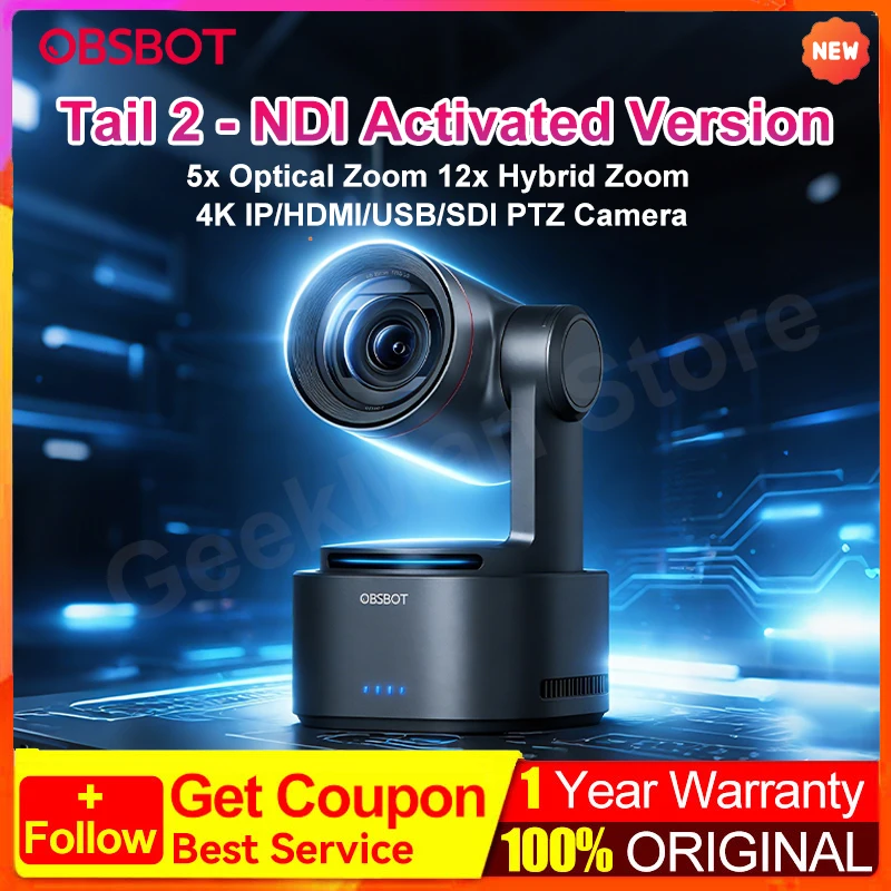 NEW OBSBOT Tail 2 - NDI 지원 AI 기반 PTZR 4K 라이브 프로덕션 카메라 5배 광학 줌, 12배 하이브리드 줌