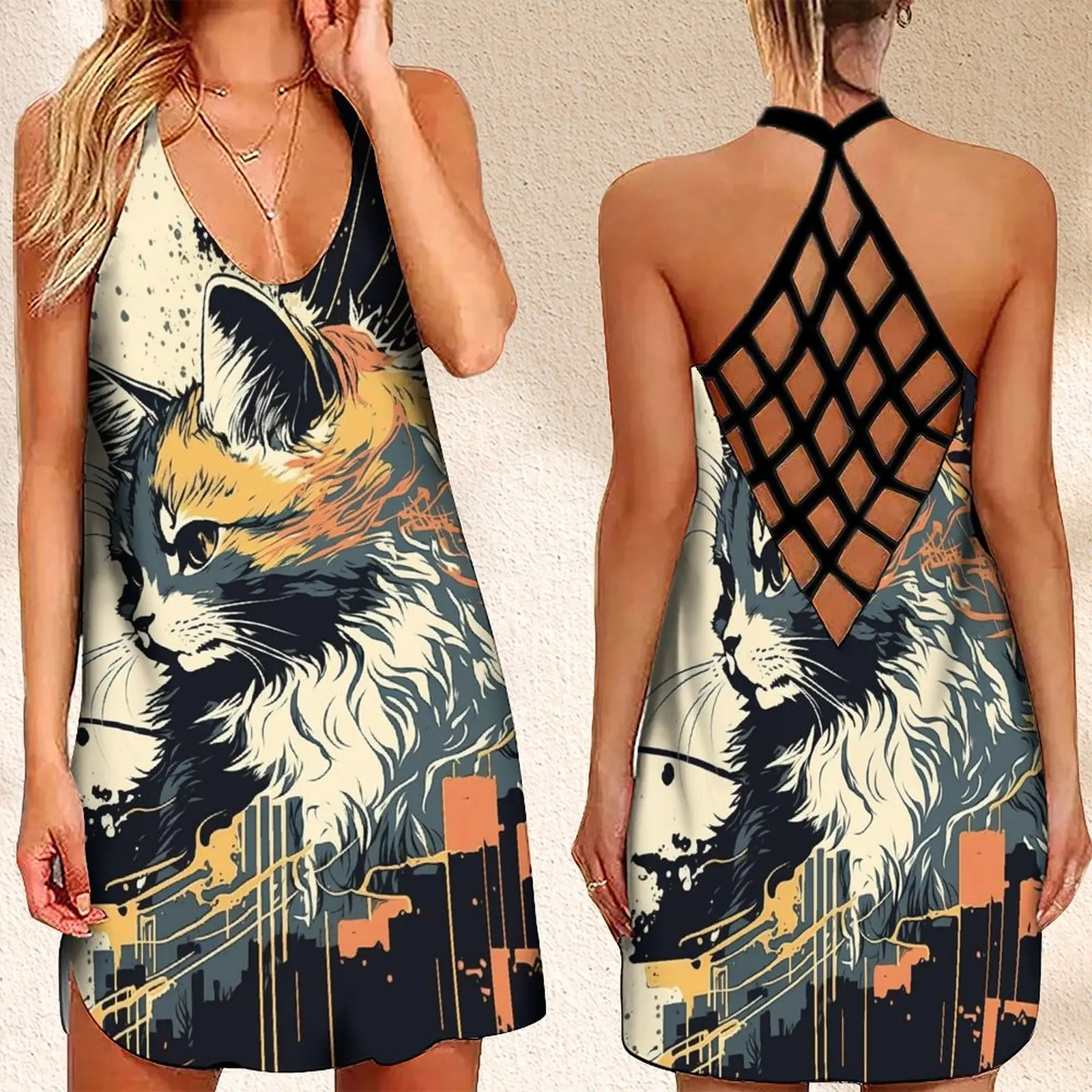 

Summer Women's Criss Cross Backless Sleeveless Dress Cat Graphic Abstract Art Print Sexy Women's Dresses Free Shipping