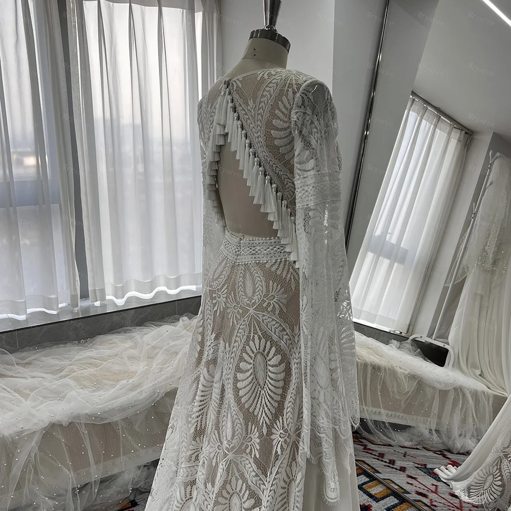 Mryarce Trendy Long Boho Sleeves Lace A Line Wedding Dresses Side Slit Keyhole Back Bohemian Bridal Gowns 5