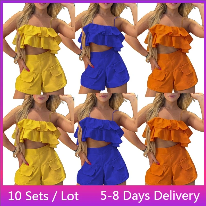 

Wholesale Items for Business In Bulk Clothes Sexy Ruffle Two Piece Set Women Shorts and Top Set Shorts Matching Sets Outfits