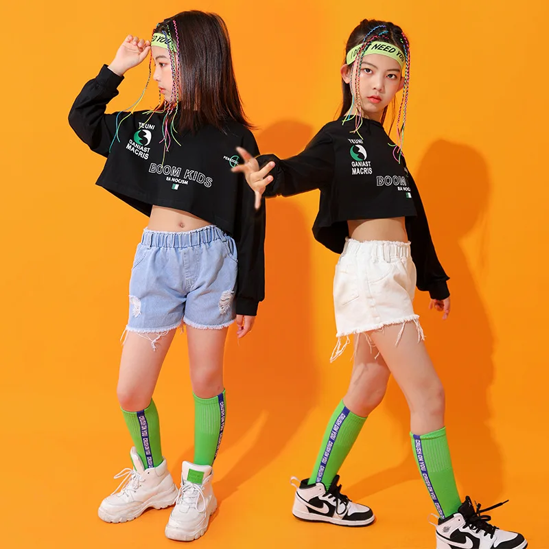 

Children Spring Dance Clothes Teen Girl Fashion Long Sleeve Crop Top White Shorts 2pcs Streetwear Kids Hip Hop Outfits 12 14 16