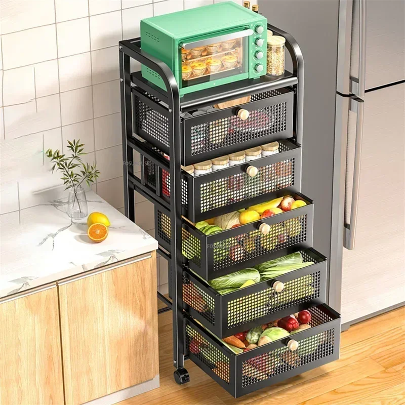 Kitchen Trolleys Floor Shelf with Drawer Multilayer Utility Car Multi-functional Fruit Vegetable Microwave Cart with Wheelst Z