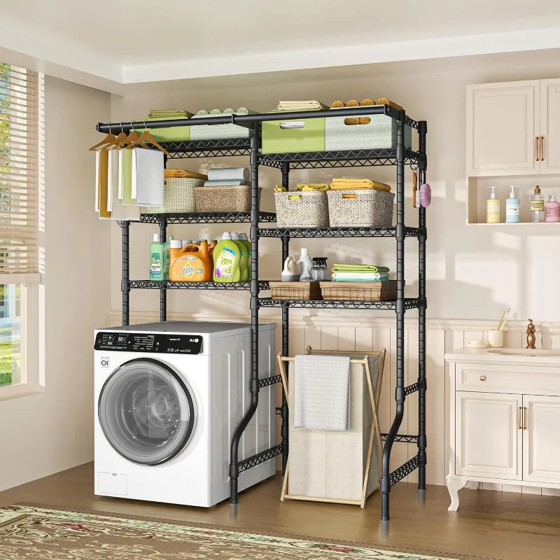 U13 Medium Over Washer and Dryer Storage Shelves, 6 Tiers Laundry Room Standing Shelf with 2 Hanger Rods, Space 3