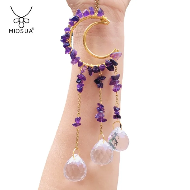 Natural Amethyst Stone Hollow Moon Crystal Decorative Wind Chime Sun Catcher Stone Necklace Crystal Necklace Jewelry Charms