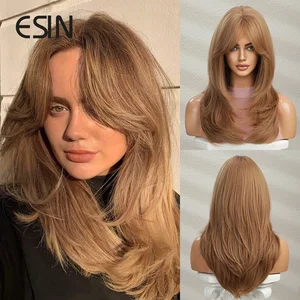ESIN элегантный синтетический парик средней яркости коричневый цвет парики с двухсторонней челкой для женщин Омбре Многослойные волосы с темными корнями