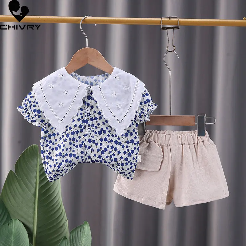 

Girls Summer Clothing New 2023 Baby Girl Sweet Floral Print Short Sleeve Lapel Shirts Tops with Solid Shorts Kids Clothes Sets