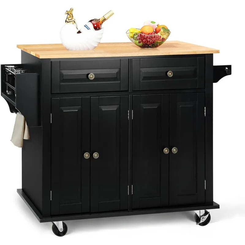 

Kitchen Island with Storage, Rolling Kitchen Cart with Lockable Wheels, Solid Wood Tabletop Kitchen Island Table for Kitche