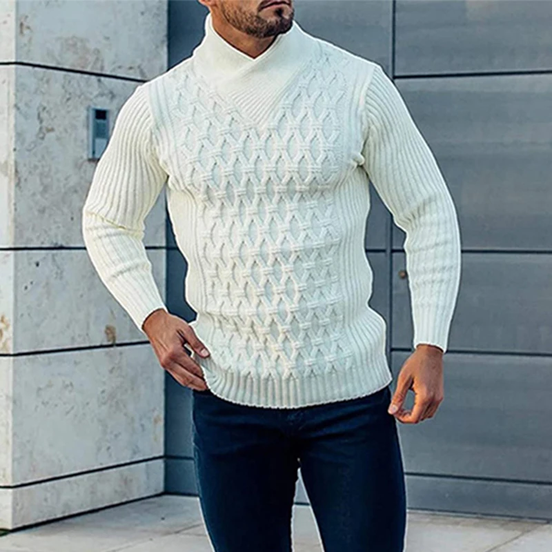 

2022 Fall Winter Mens Casual Sweater Solid Color Long Sleeve Ribbed Knitted Pullover Tops for Men New Fashion Mock Neck Sweaters
