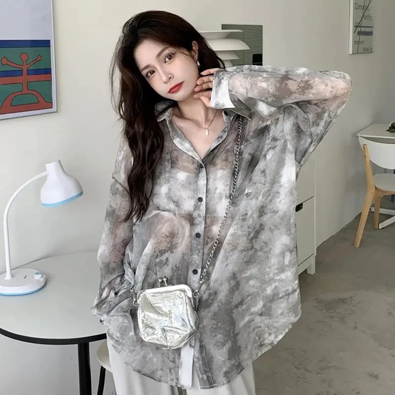 여성용 타이 다이 셔츠, 여름 스트리트웨어, 하라주쿠 자외선 차단 상의, 한국 패션, 휴가, 루즈 시크, 긴팔 블라우스, 신상