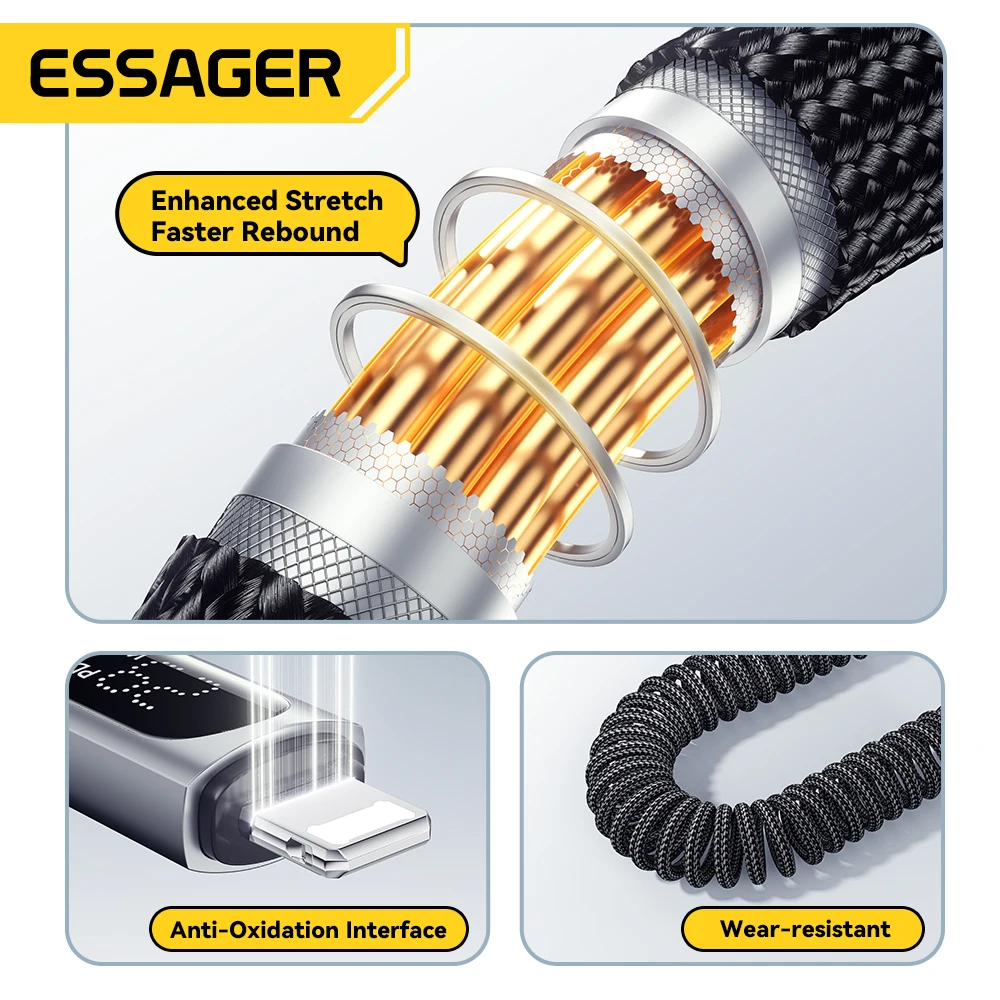 Essager Car Spring USB C Cable For iPhone 14 13 12 11 PD Fast Charging Type C To Lighting Cable For iPad Macbook Digital Dispaly