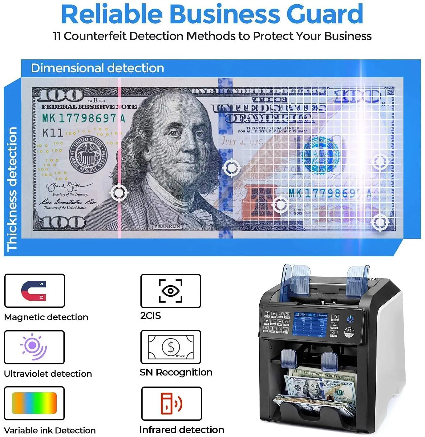 AL-950 Dual CIS Banknote Sorter Fitness Mix Value Money Counter Counterfeit Bill