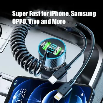 4 in 1 Dual Port USB Car Phone Charger Type C with Retractable Cable Super Fast Charging Adapter for iPhone Samsung OPPO Huawei 4