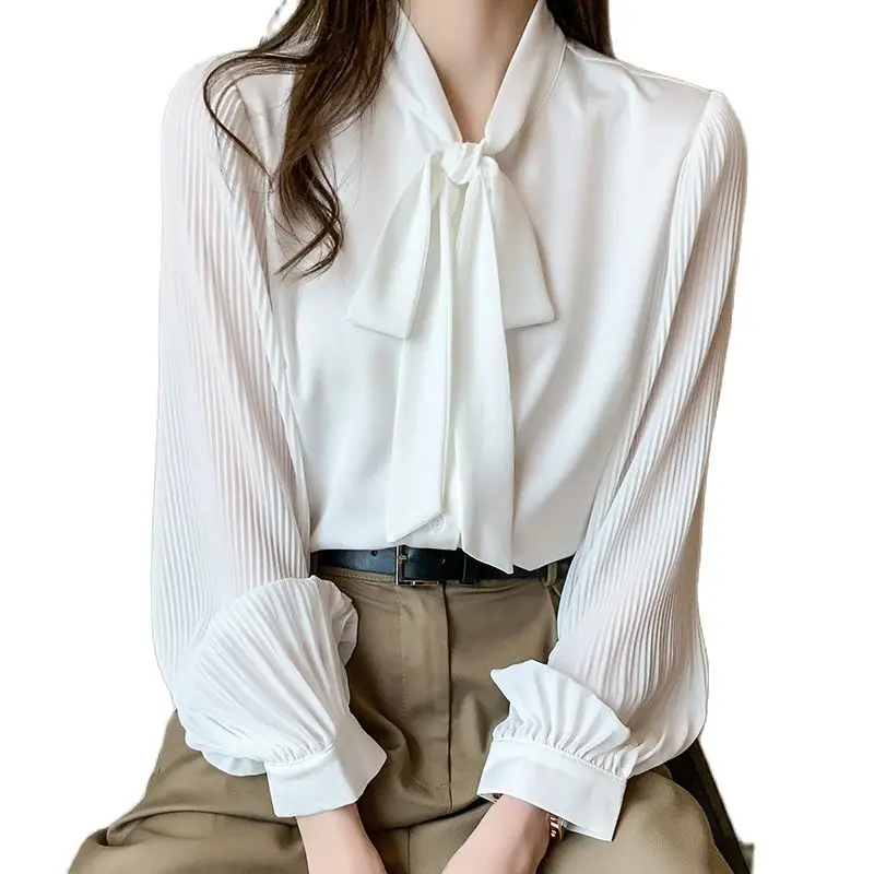

Женская шифоновая рубашка с длинным рукавом, белая элегантная деловая рубашка с V-образным вырезом, плиссированными рукавами, бантом и лентой, весна-осень