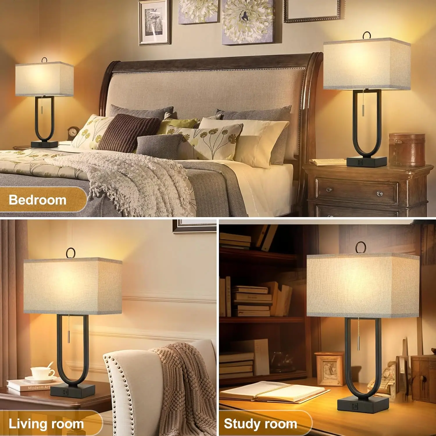 Nightstand Lamps Set of 2 USB C + A Ports 24'' Tall Table Lamp Two 3000K LED Bulbs Linen Lampshade