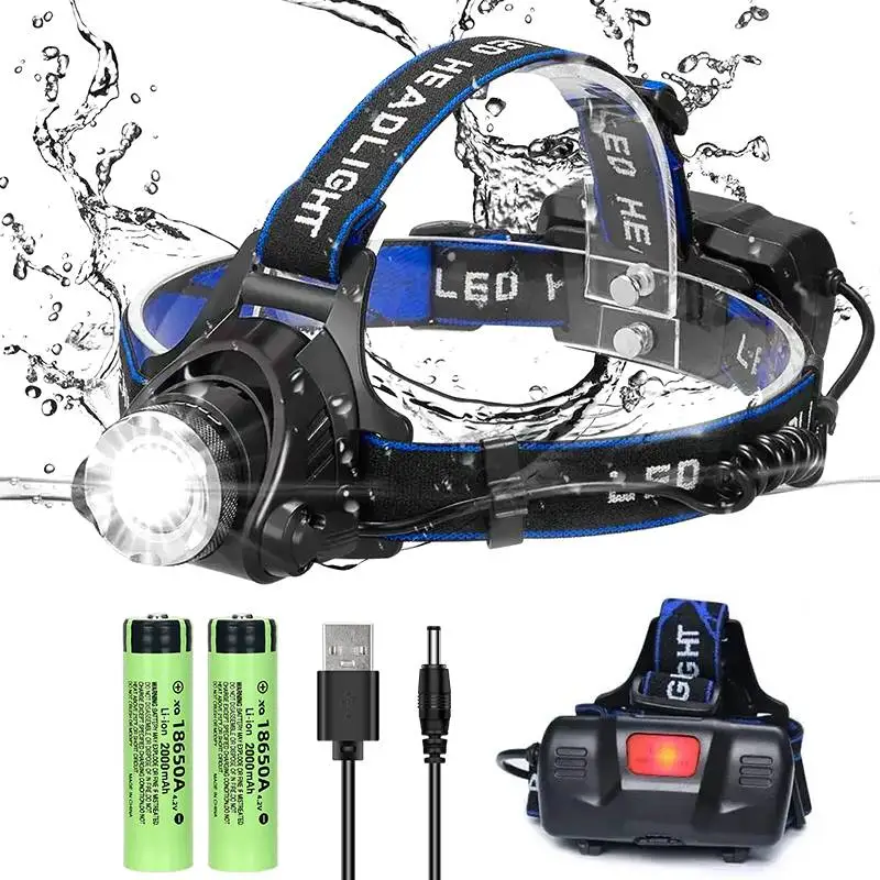 Frontale T6 LED puissante zoomable pour pêche nocturne - Rechargeable USB avec 2 batteries 18650