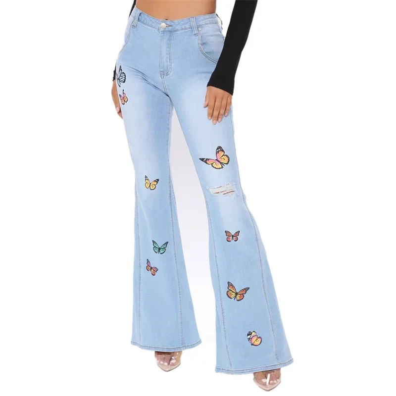 2023 New Arrival High Waist Slim Jeans Pantalones Women Fashion Butterfly Perforated Stretch Cotton Denim Wide Leg Flare Pants 2021 trafaluc za women s high waist slim stretch denim trousers dark washed slim hemmed jeans pantalones de mujer cintura alta