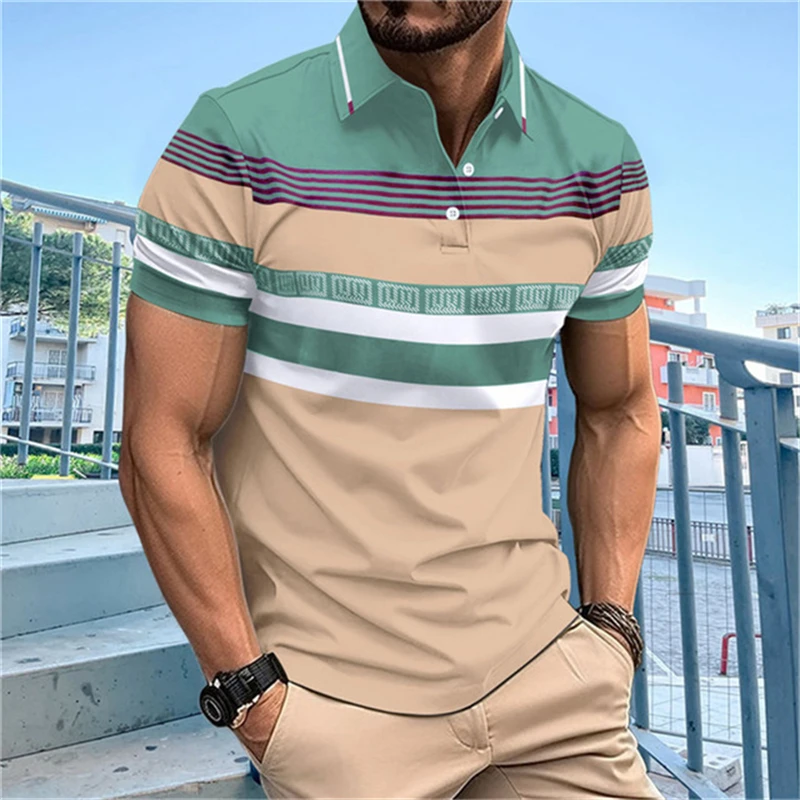 

Fashion Stripe Print Polo Shirt For Men Summer Hot Sale Outdoor Sports Golf Wear Daily Casual Lapel Short Sleeve Tops Loose Tees