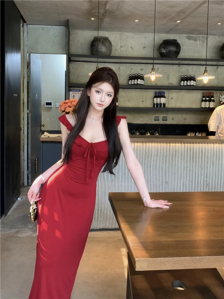 Spaghetti Strap Knitted Dresses for Women Lace-up Slim Solid Square Collar Elegant Sexy Korean Fashion Vestidos Mujer New