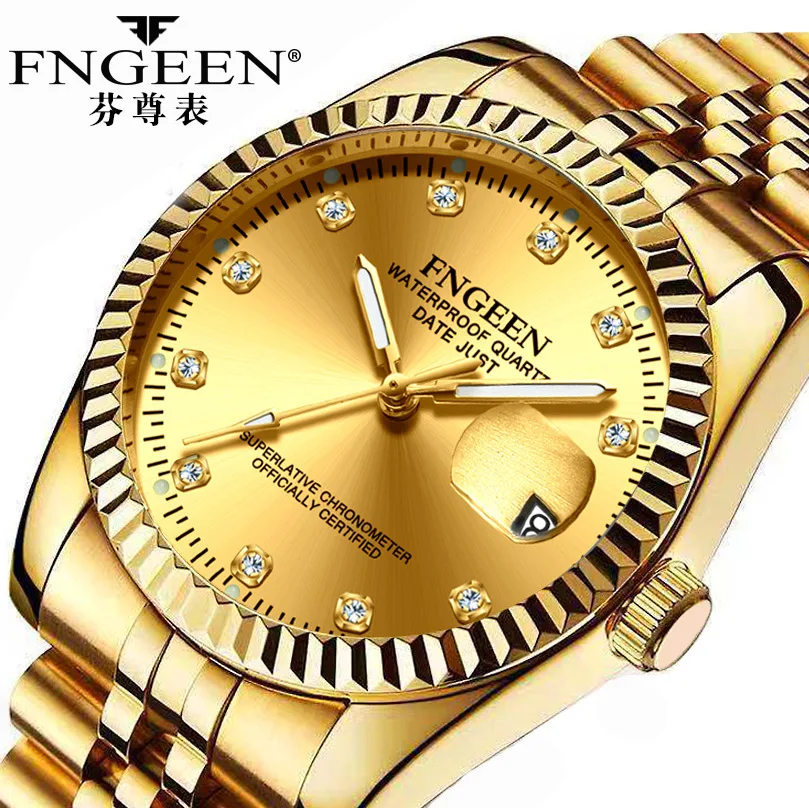 FNGEEN Couple Luxury Gold Clock Diamond-encrusted Men Women Calendar Date Round Quartz Waterproof Watches Relogio Feminino