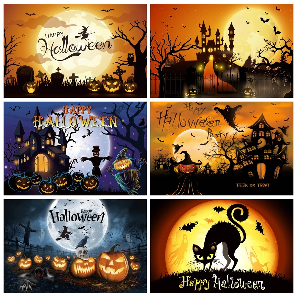 

Horrible Halloween Photography Background Cartoon Moon Night Pumpkin Castle Baby Portrait Party Decor Backdrop Photo Studio