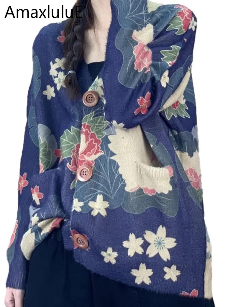 Amax luluE 2024 Winter Women Vintage Print Design Cardigans European Style Ladies Loose Casual Elegant Sweaters V-Neck Clothes